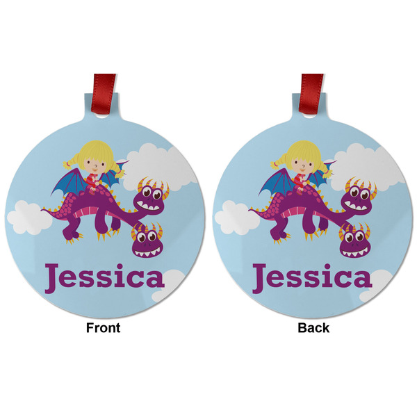 Girl Flying on a Dragon Metal Ball Ornament - Front and Back