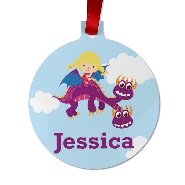 Custom Girl Flying on a Dragon Metal Ball Ornament - Double Sided w/ Name or Text