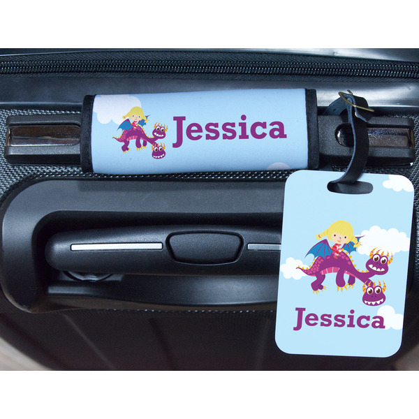 Girl Flying on a Dragon Metal Luggage Tag & Handle Wrap - In Context