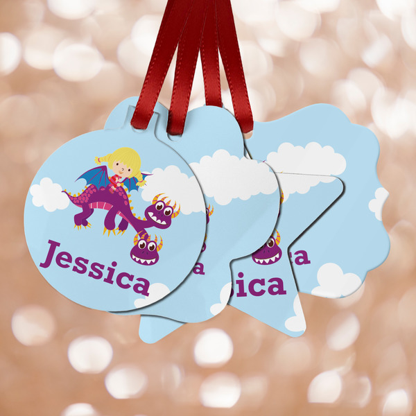 Custom Girl Flying on a Dragon Metal Ornaments - Double Sided w/ Name or Text