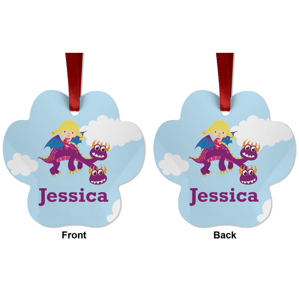 Girl Flying on a Dragon Metal Paw Ornament - Front and Back
