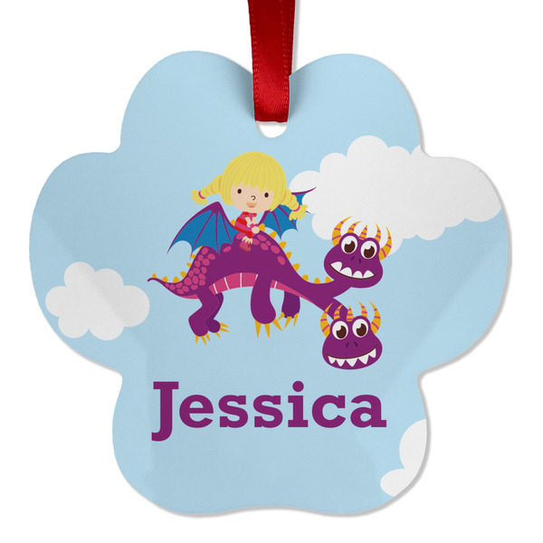 Custom Girl Flying on a Dragon Metal Paw Ornament - Double Sided w/ Name or Text