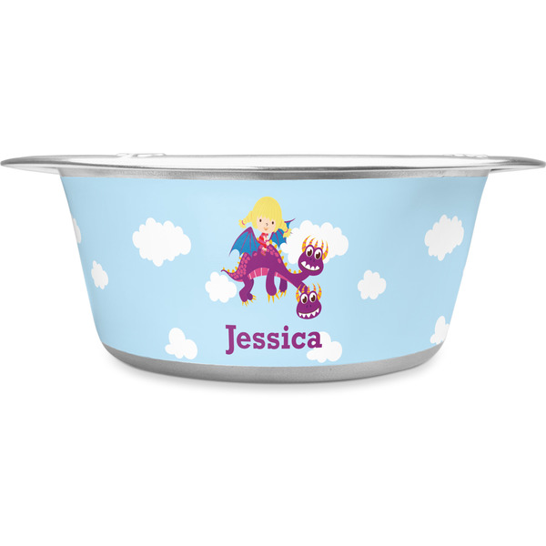 Custom Girl Flying on a Dragon Stainless Steel Dog Bowl (Personalized)