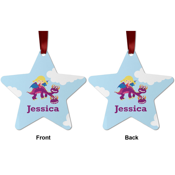 Girl Flying on a Dragon Metal Star Ornament - Front and Back