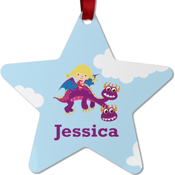 Custom Girl Flying on a Dragon Metal Star Ornament - Double Sided w/ Name or Text