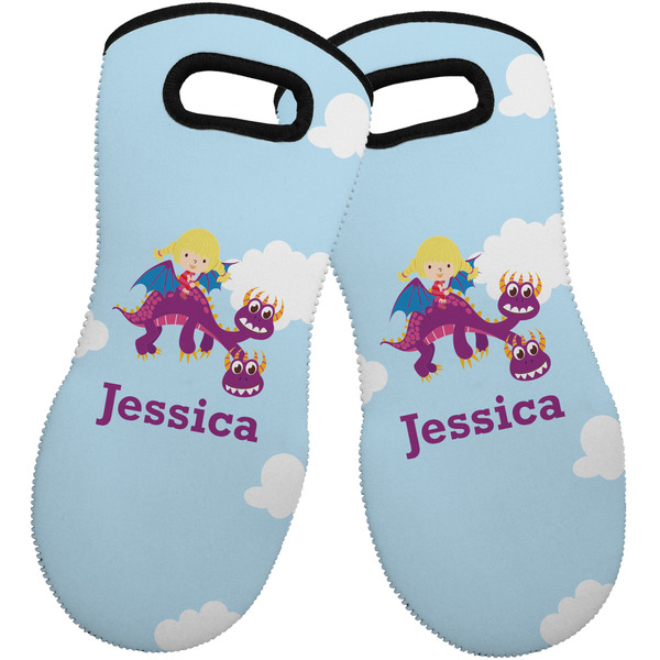 Custom Girl Flying on a Dragon Neoprene Oven Mitts - Set of 2 w/ Name or Text
