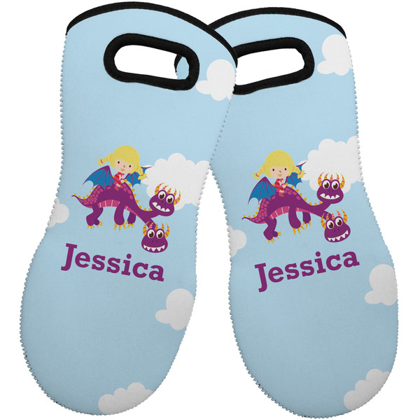 Girl Flying on a Dragon Neoprene Oven Mitt -Set of 2 - Front