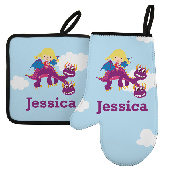 Custom Girl Flying on a Dragon Left Oven Mitt & Pot Holder Set w/ Name or Text