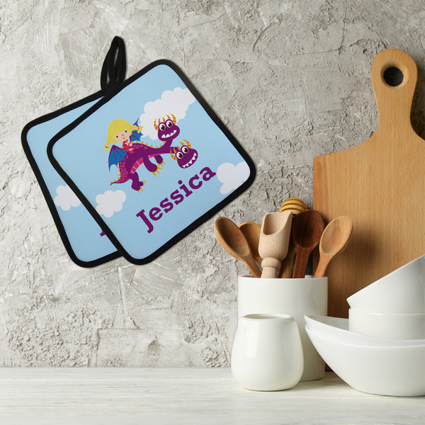 Girl Flying on a Dragon Neoprene Pot Holder - Set of 2  LIFESTYLE