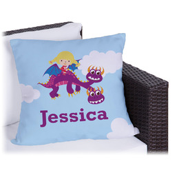Girl Flying on a Dragon Outdoor Pillow - 18" (Personalized)