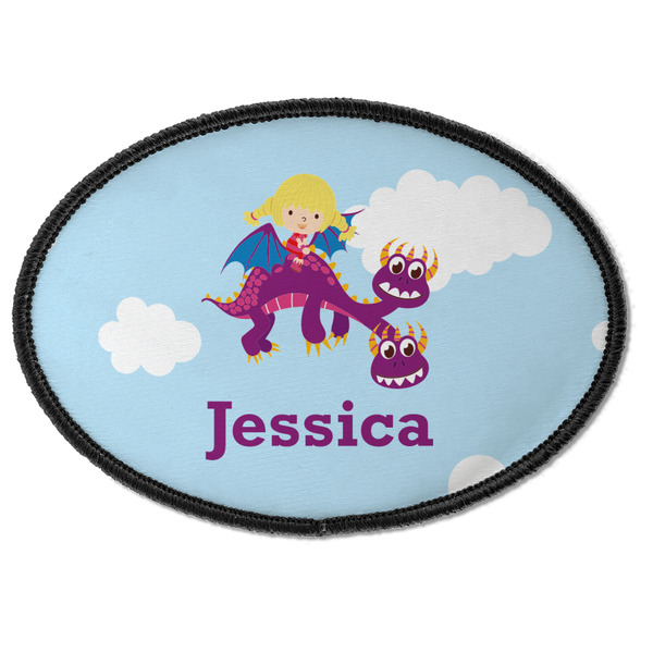 Custom Girl Flying on a Dragon Iron On Oval Patch w/ Name or Text