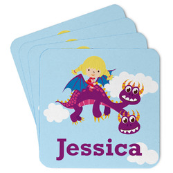 Girl Flying on a Dragon Paper Coasters w/ Name or Text