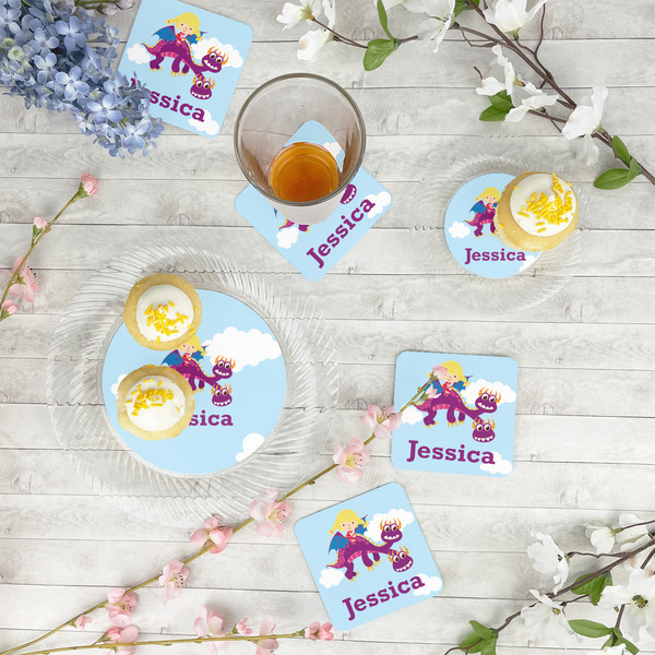 Girl Flying on a Dragon Paper Coasters - In Context