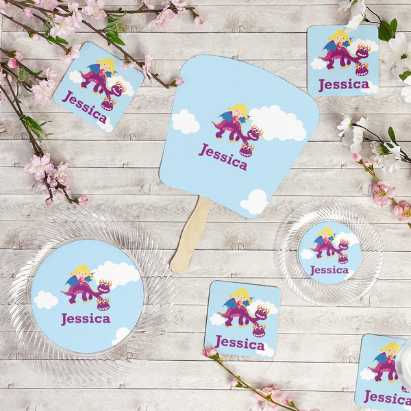 Girl Flying on a Dragon Party Supplies Combination Image - All items - Plates, Coasters, Fans