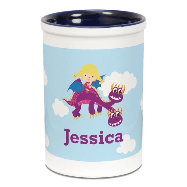 Girl Flying on a Dragon Pencil Holder - Blue