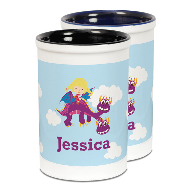 Custom Girl Flying on a Dragon Ceramic Pencil Holder - Large