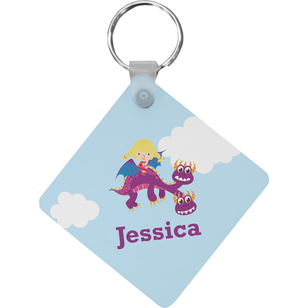 Custom Girl Flying on a Dragon Diamond Plastic Keychain w/ Name or Text