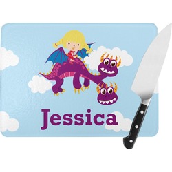 Girl Flying on a Dragon Rectangular Glass Cutting Board - Large - 15.25"x11.25" w/ Name or Text