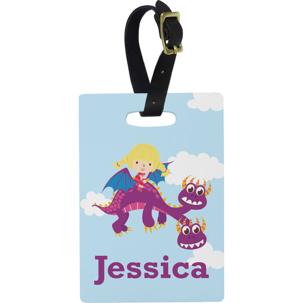 Custom Girl Flying on a Dragon Plastic Luggage Tag - Rectangular w/ Name or Text