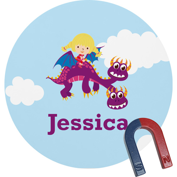 Custom Girl Flying on a Dragon Round Fridge Magnet (Personalized)