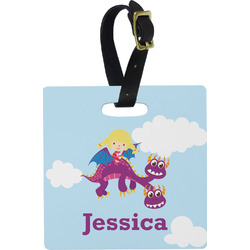 Girl Flying on a Dragon Plastic Luggage Tag - Square w/ Name or Text