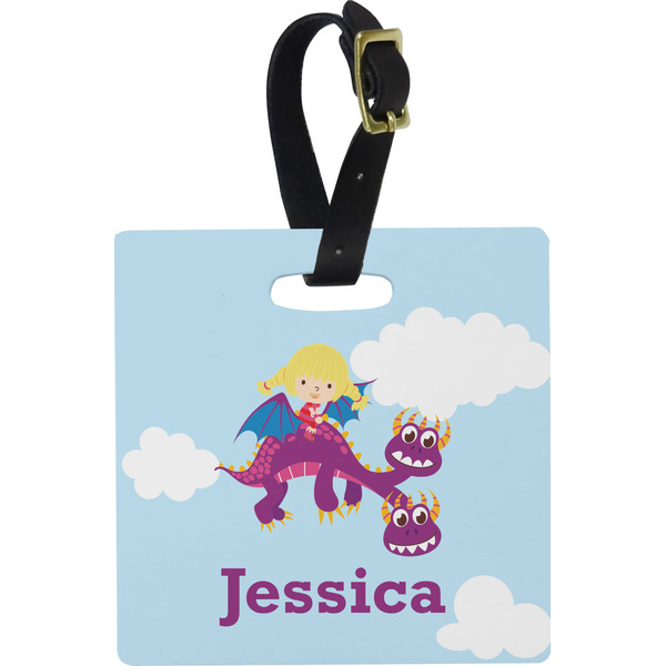 Custom Girl Flying on a Dragon Plastic Luggage Tag - Square w/ Name or Text