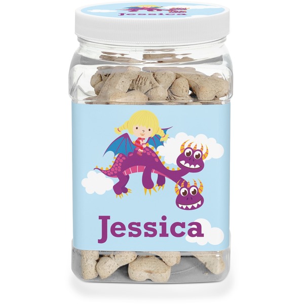 Custom Girl Flying on a Dragon Dog Treat Jar (Personalized)