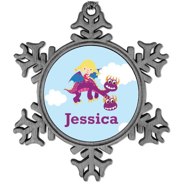 Custom Girl Flying on a Dragon Vintage Snowflake Ornament (Personalized)