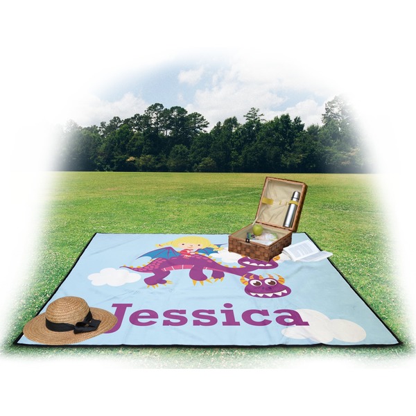 Girl Flying on a Dragon Picnic Blanket - with Basket Hat and Book - in Use