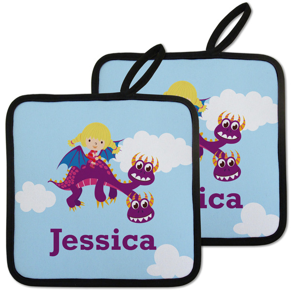 Custom Girl Flying on a Dragon Pot Holders - Set of 2 w/ Name or Text