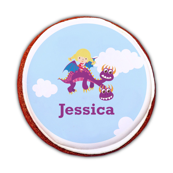 Girl Flying on a Dragon Printed Icing Circle - Medium - On Cookie