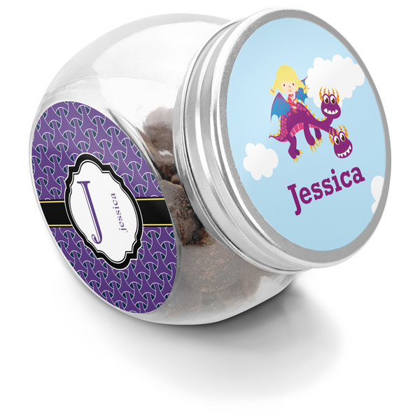 Custom Girl Flying on a Dragon Puppy Treat Jar (Personalized)