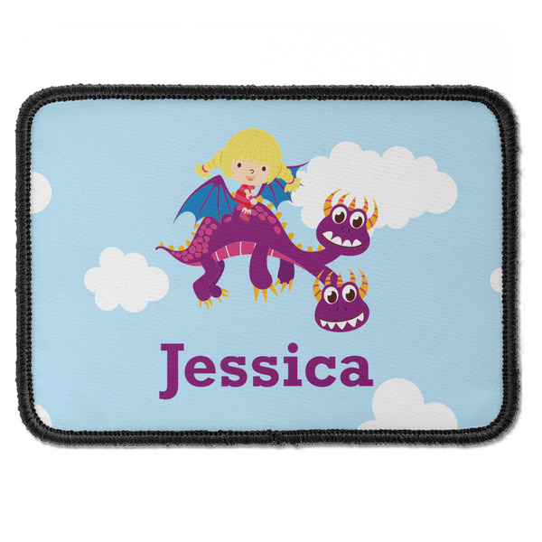 Custom Girl Flying on a Dragon Iron On Rectangle Patch w/ Name or Text