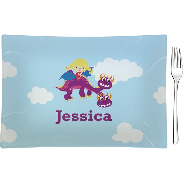 Custom Girl Flying on a Dragon Glass Rectangular Appetizer / Dessert Plate (Personalized)