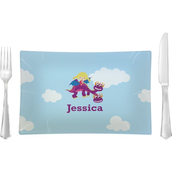 Custom Girl Flying on a Dragon Rectangular Glass Lunch / Dinner Plate - Single or Set (Personalized)