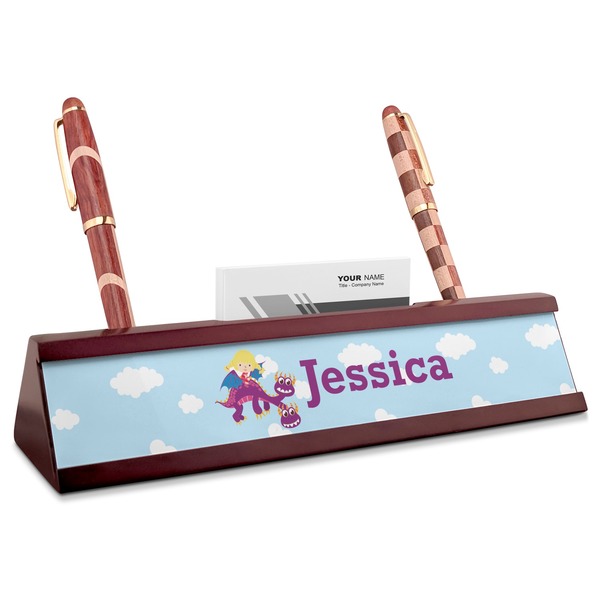 Custom Girl Flying on a Dragon Red Mahogany Nameplate with Business Card Holder (Personalized)