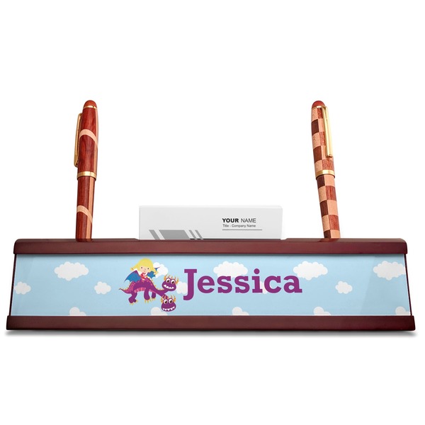 Girl Flying on a Dragon Red Mahogany Nameplates with Business Card Holder - Straight