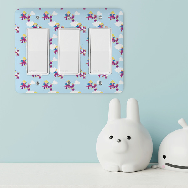 Girl Flying on a Dragon Rocker Light Switch Covers - Triple - IN CONTEXT