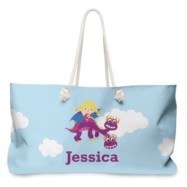 Custom Girl Flying on a Dragon Large Tote Bag with Rope Handles (Personalized)