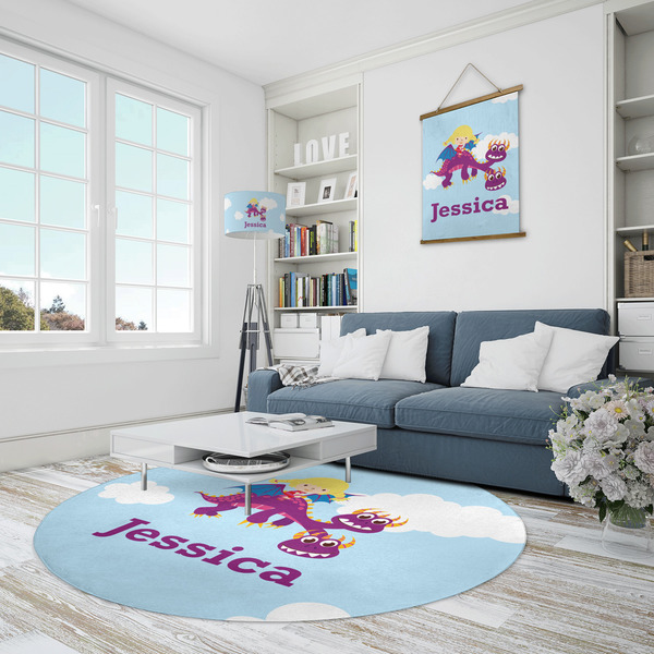Girl Flying on a Dragon Round Area Rug - IN CONTEXT