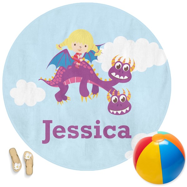 Custom Girl Flying on a Dragon Round Beach Towel (Personalized)