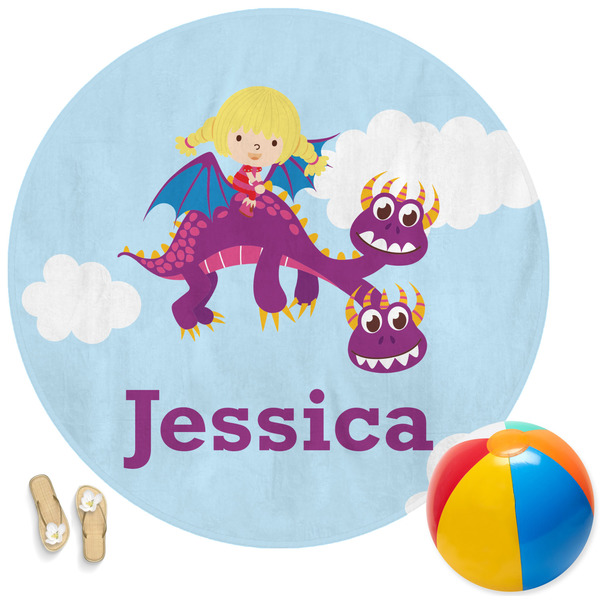 Custom Girl Flying on a Dragon Round Beach Towel (Personalized)
