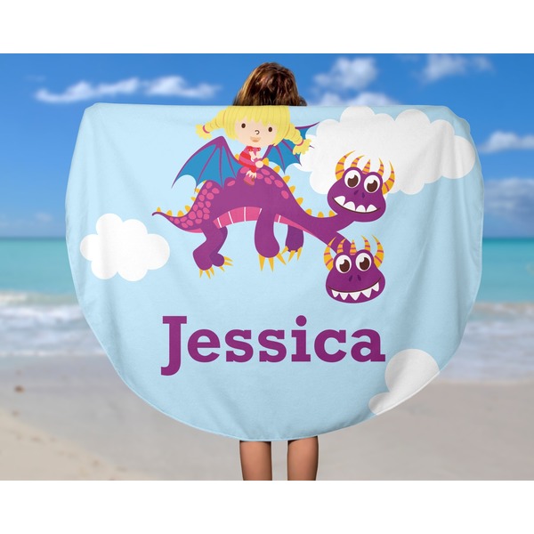Girl Flying on a Dragon Round Beach Towel - In Use
