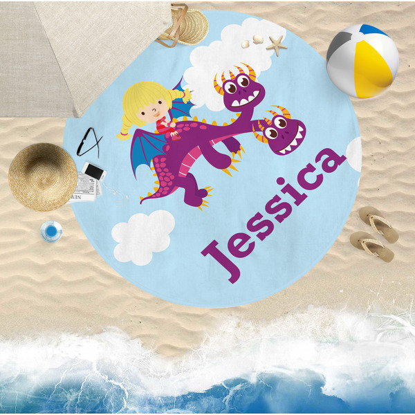 Girl Flying on a Dragon Round Beach Towel Lifestyle