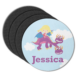Girl Flying on a Dragon Round Rubber Backed Coasters - Set of 4 (Personalized)