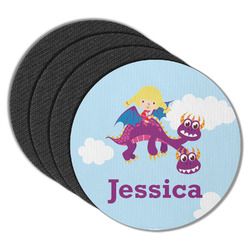 Girl Flying on a Dragon Round Rubber Backed Coasters - Set of 4 (Personalized)