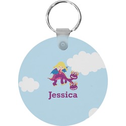 Girl Flying on a Dragon Round Plastic Keychain (Personalized)