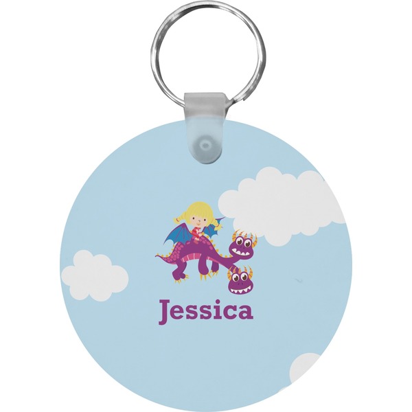 Custom Girl Flying on a Dragon Round Plastic Keychain (Personalized)