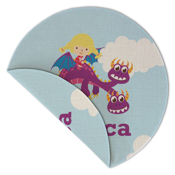 Girl Flying on a Dragon Round Linen Placemats - Front (folded corner double sided)