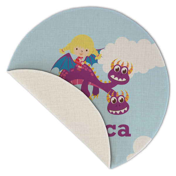 Girl Flying on a Dragon Round Linen Placemats - Front (folded corner single sided)